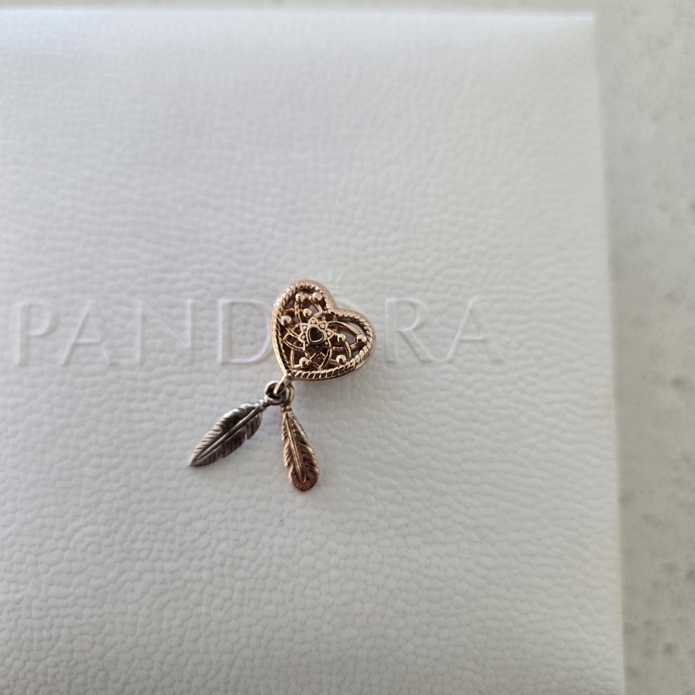 Authentic Pandora Rose Gold Heart Openwork and Feathers Dreamcatcher.